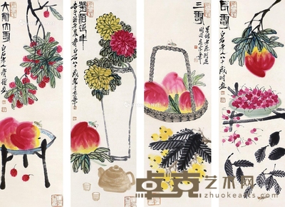 齐白石 寿桃昆虫 103×33cm×4