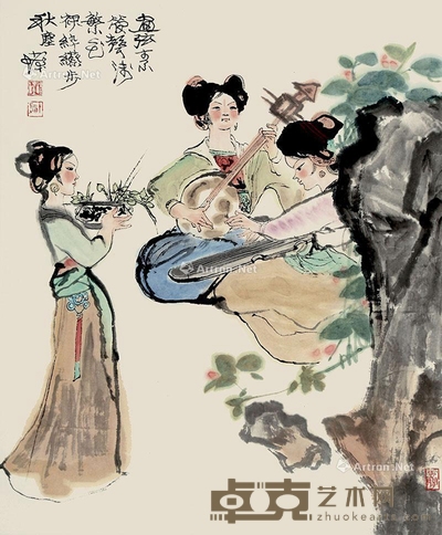 程十发 画弦素管声浅繁 83×69cm