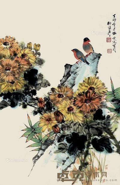 田世光 1987年作 菊竹双翠 70×47cm