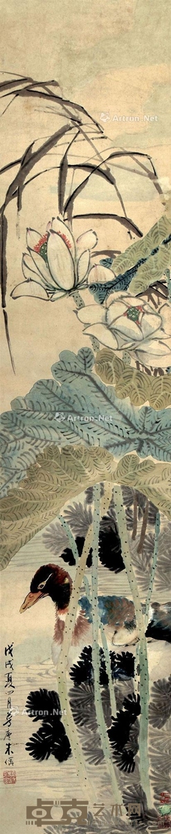 朱梦庐     1898年作 荷塘鸭戏 148×31cm
