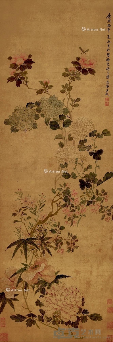 1666年作 花卉 立轴 设色绢本 120×40cm