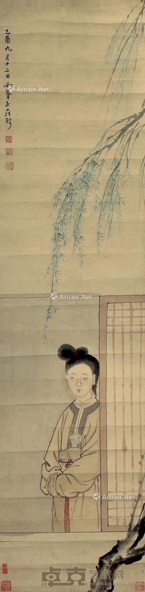 1765年作 倚窗赏柳 立轴 设色纸本 132×33cm
