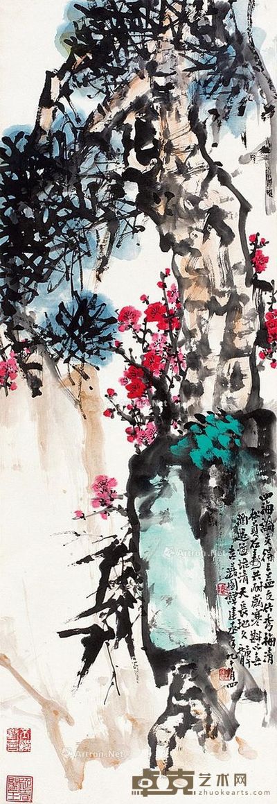 谭建丞 松梅竹石图 100×34.5cm