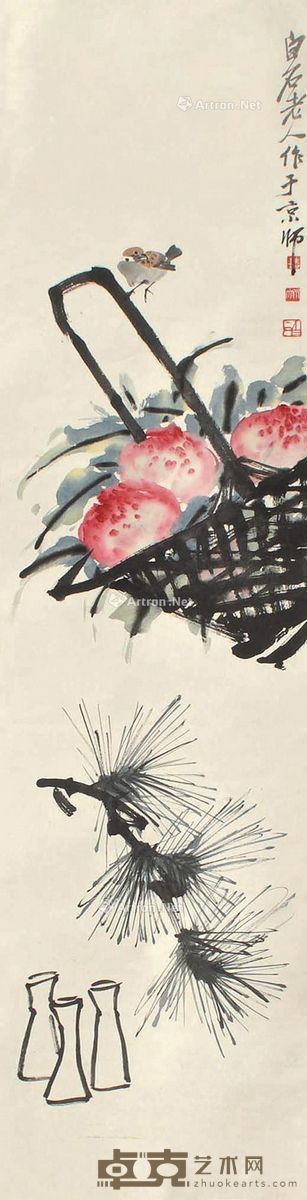 齐白石 寿桃栖雀 133×33cm