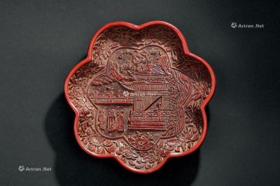 明代（1368～1644） 剔红亭台楼阁髙士纹花口盘