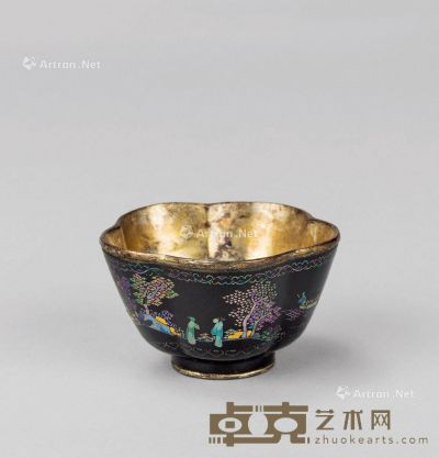 清代（1644～1911） 大漆嵌螺钿泛舟纹花口杯 高3.5cm