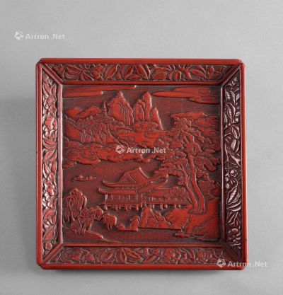 清代（1644～1911） 剔红山水亭台楼阁纹四方盘