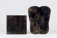 清代（1644～1911） 大漆描金山水纹芭蕉扇形板喜雨亭记纹板 （二件一组）