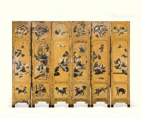 清代（1644～1911） 大漆嵌百宝十八罗汉婴戏瑞兽纹六屏风