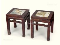 清代（1644～1911） 红木嵌大理石四方凳 （一对）