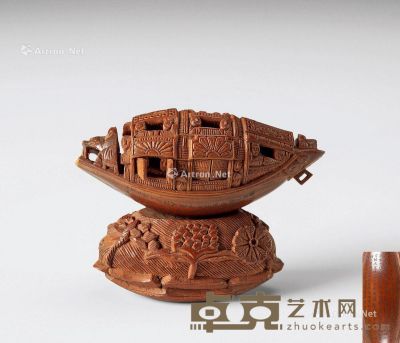 清代（1644～1911） 谷生核雕赤壁怀古舟船摆件 长4.3cm；通髙3.3cm