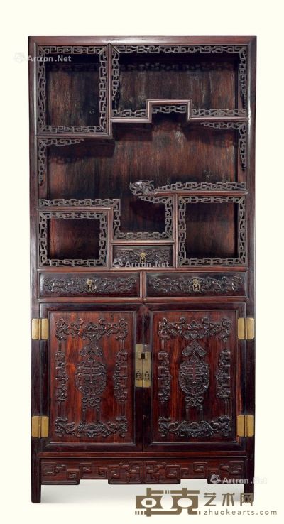 清代（1644～1911） 紫檀福庆绵长纹亮格柜 长93.5cm；宽37cm；高194.5cm