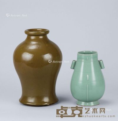 清代（1644-1911年） 龙泉八角贯耳瓶茶叶末釉瓶 （二件一组） 尺寸不一
