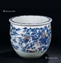 清代（1644-1911年） 青花釉里红山水人物纹缸