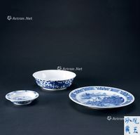 清代（1644-1911年） 青花金玉满堂纹碗 麒麟纹 亭台楼阁纹盘 （三件一组）