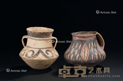 仰韶文化（B.C.5000-3000年） 彩陶线条纹执壶双耳瓶 （二件一组） 尺寸不一