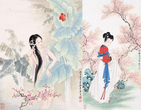 1980年作 花间理云鬓 樱花仕女图 画心 设色纸本