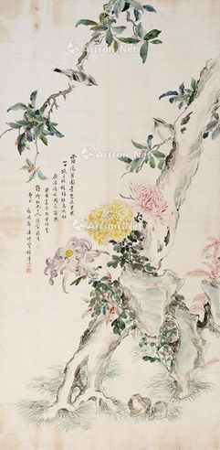 菊石栖语 立轴 设色纸本