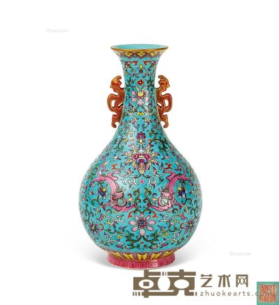 仿清乾隆款 粉彩绿地穿耳花龙双耳瓶 高30.5cm