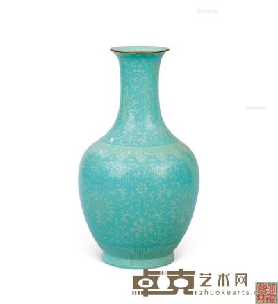 仿清乾隆款 绿釉堆花缠枝莲寿字瓶 高30.5cm