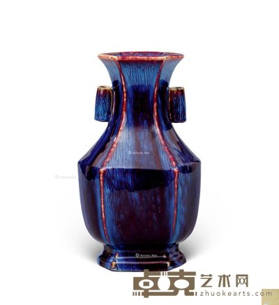 仿清乾隆款 窑变花釉贯耳六方瓶 高18.5cm