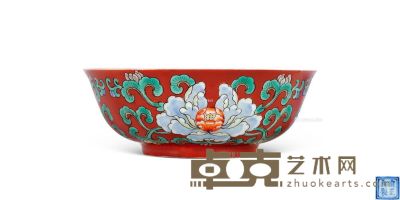 仿清雍正款 珊瑚红五彩花卉纹碗 高4.5cm