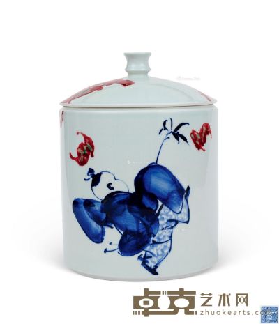 青花釉里红春福瓷瓶 高34cm