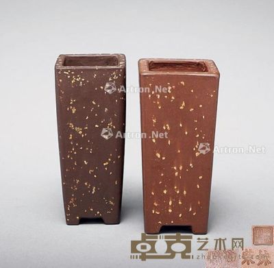 文革时期 中国宜兴款 铺砂小签筒 （一对） 宽3.5cm；高4cm×2