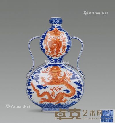 清 青花矾红龙纹葫芦瓶 高38cm