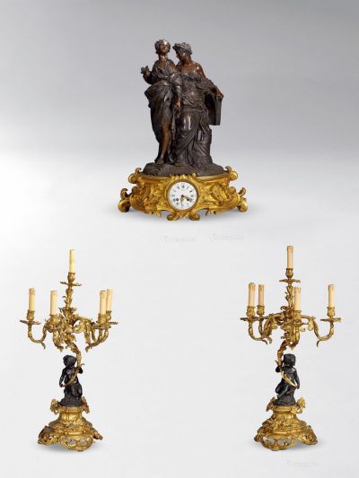 1860年 19世纪法国洛可可风格鎏金铜像钟组合