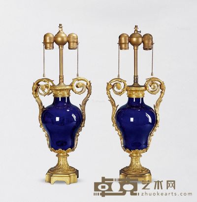 约1920年 法国洛可可式皇家蓝色的瓷台灯 24×59×10cm