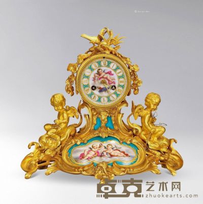 约1890年 19世纪法国铜鎏金塞夫瓷瓷片镶嵌座钟 30×10×24cm