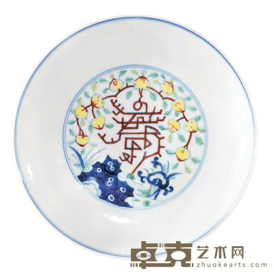 清乾隆 斗彩桃枝祝寿纹盘 D14.8cm