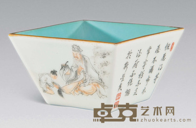 清乾隆 墨彩矾红人物诗文斗杯 D8.8cm