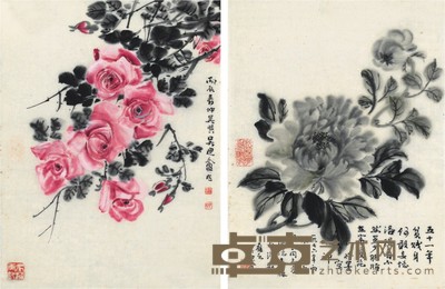 吴迪盦 牡丹两件 23×17.5cm×2