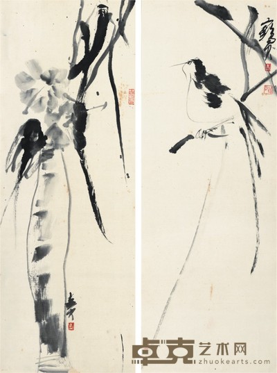 卓鹤君 花鸟二件 91×33cm×2