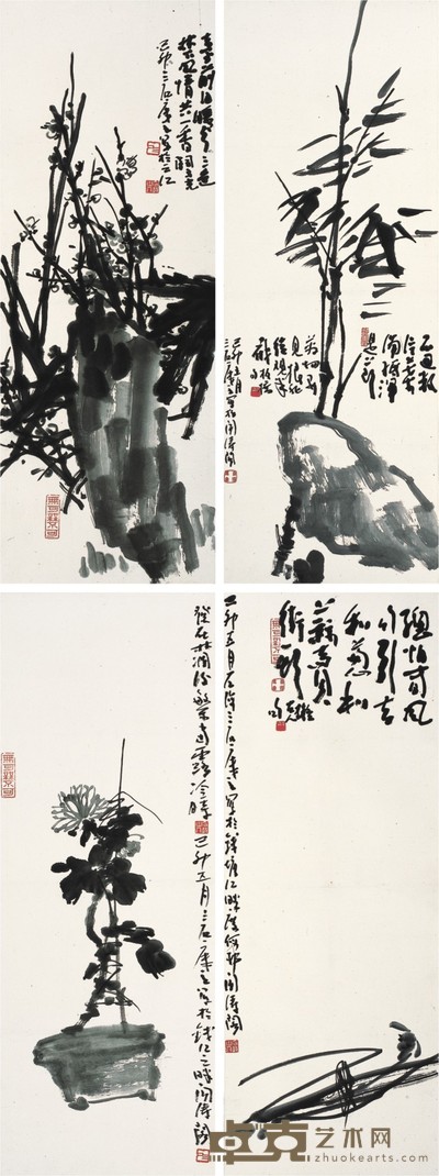 曾宓 花卉四屏 92×34.5cm×4