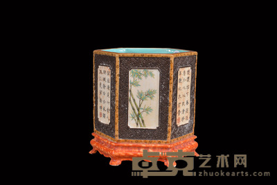 粉彩六棱松竹梅诗文笔筒 大清乾隆年制款 12×10