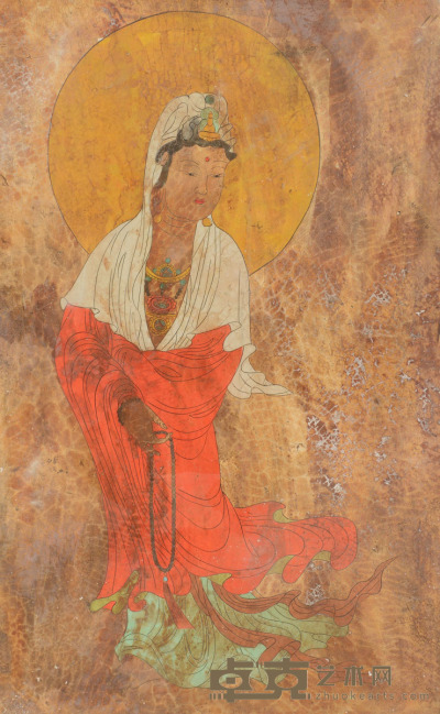 老彩绘陕西墙壁观音画像 69×108