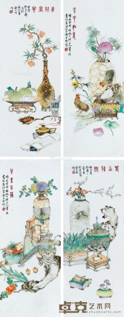 民国 俞子明款浅绛彩博古纹瓷板 （四件） 42.5×16.5cm