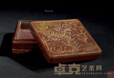 清 祁阳石雕山水纹盖盒 11.5×11.5×4.5cm