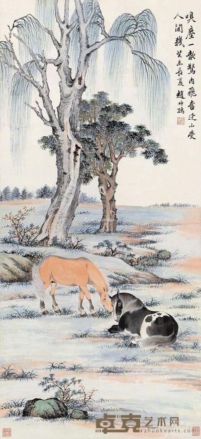 赵叔孺 柳荫双驹 111×51.5cm