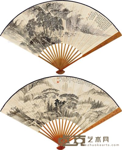 唐云 胡佩衡 松山高士 云山观瀑 18.5×51.5cm
