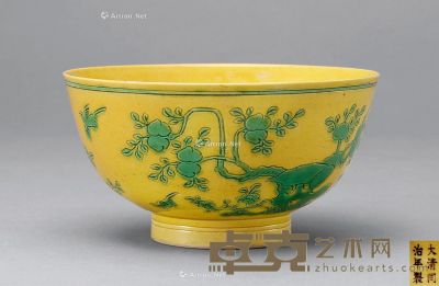 清同治 黄地绿彩花鸟碗 直径12.5cm
