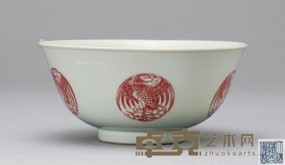 清道光 豆青釉红彩团鹤碗 直径14.5cm