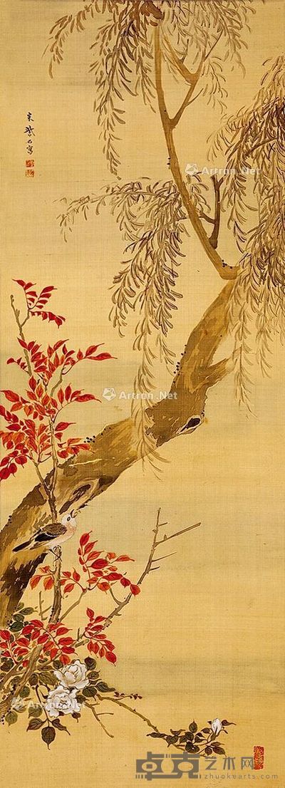 宋紫石 柳荫小鸟 100×36cm