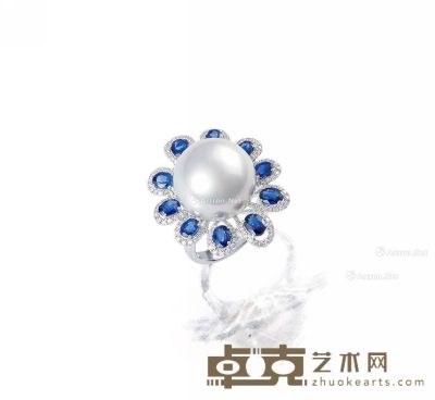 珍珠 配 蓝宝石、钻石戒指 