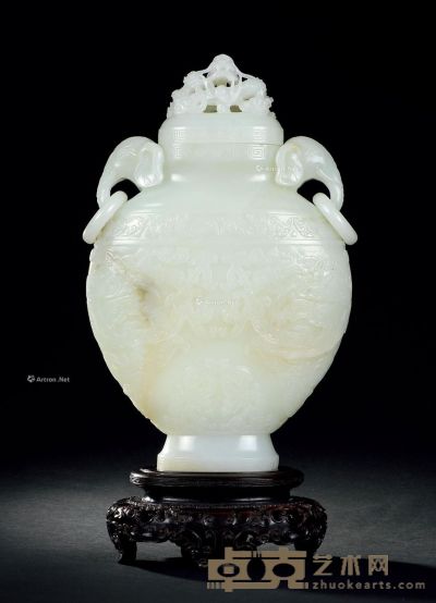 清18世纪 白玉雕象耳活环龙凤纹扁瓶（带座） 高30.5cm
