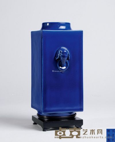 清光绪 祭蓝釉象耳琮式瓶（带座） 高29cm