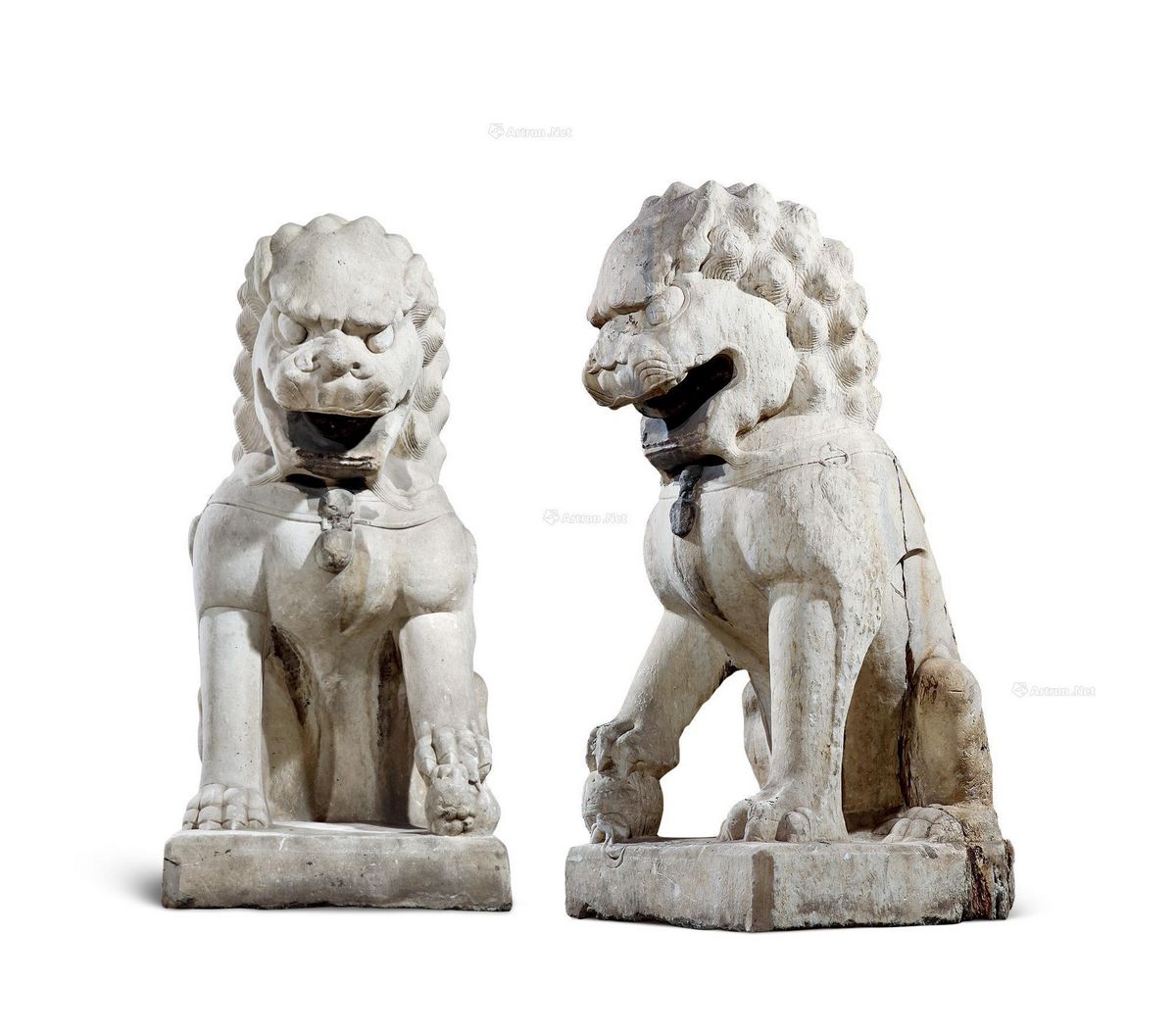 清 汉白玉石狮 (一对) 73×90×160cm